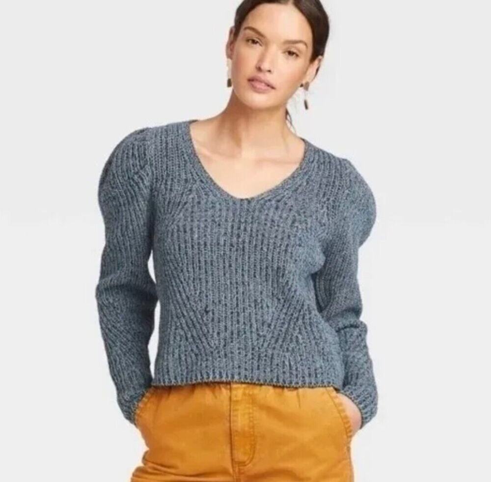 Universal Thread Sweater Dark Gray V Neck Puff Sleeve Knit Winter Size XS NWOT